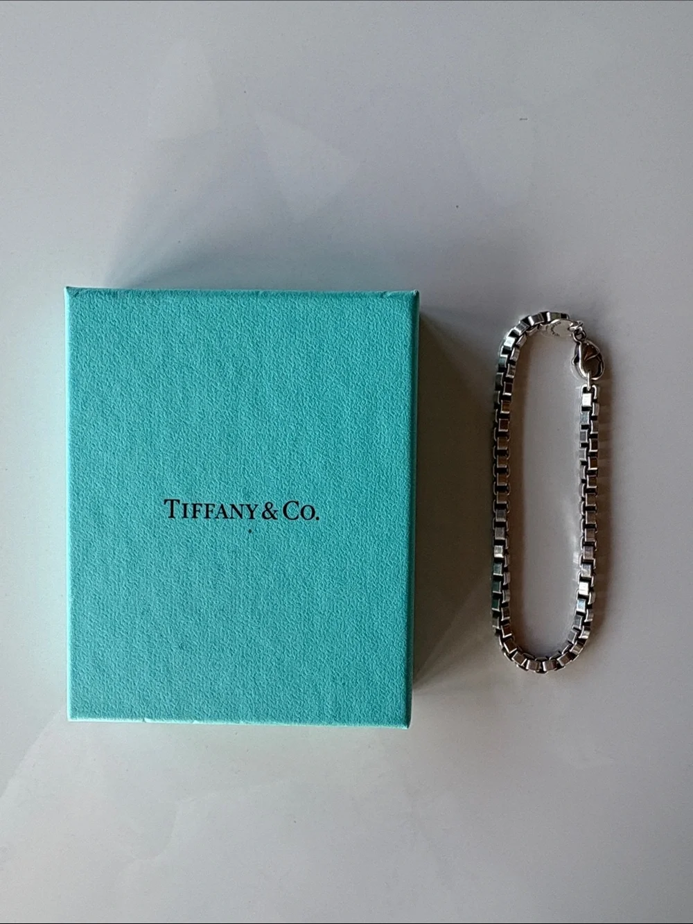 Tiffany & Co. Silver Box Link Bracelet with Signature Blue Box